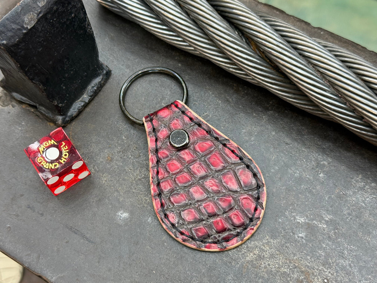 Teardrop Leather Key Fob - Red/Black Alligator