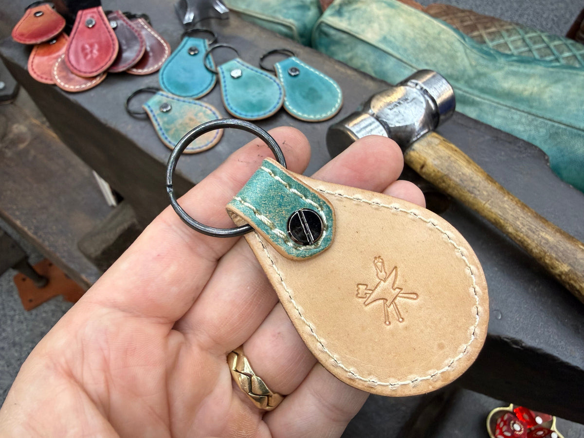 Teardrop Shell Cordovan Leather Key Fob - Marbled Turquoise