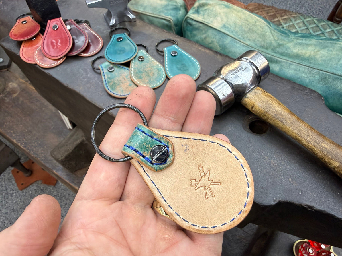 Teardrop Shell Cordovan Leather Key Fob - Marbled Turquoise