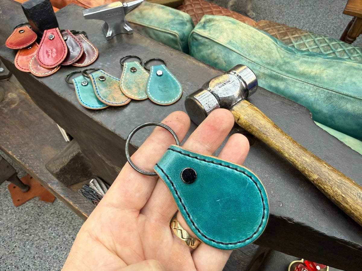 Teardrop Shell Cordovan Leather Key Fob - Marbled Turquoise