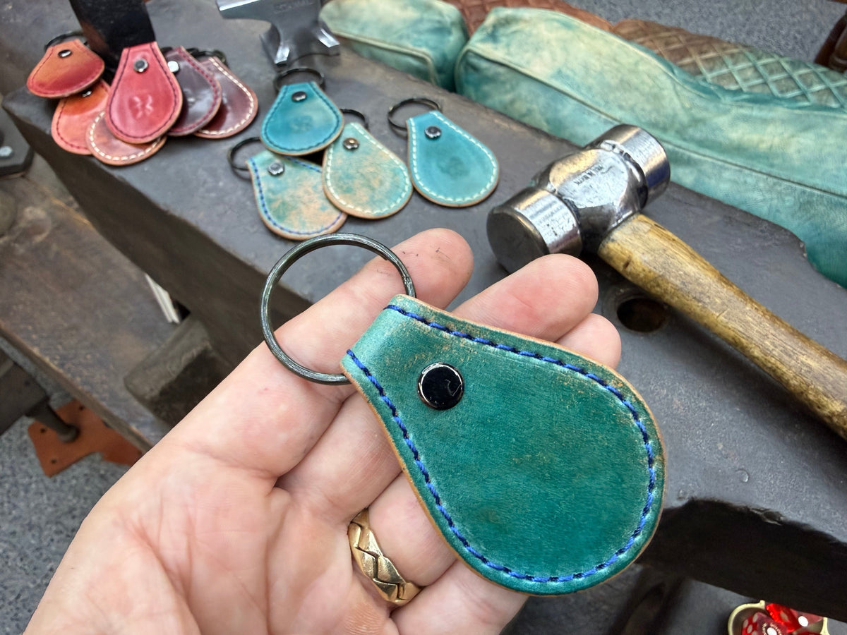 Teardrop Shell Cordovan Leather Key Fob - Marbled Turquoise