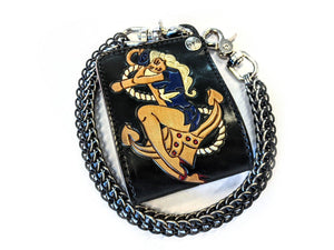 Hand Stained Bifold Leather Chain Wallet - Pin Up Sailor