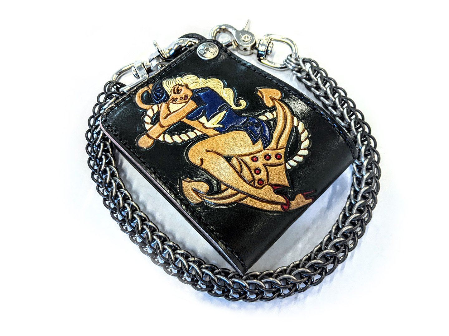 Hand Stained Bifold Leather Chain Wallet Pin Up Sailor Anvil Customs