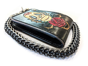 Hand Stained Bifold Leather Chain Wallet - Skull And Rose