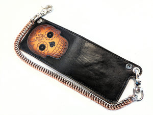 Hand Stained Bifold Leather Chain Wallet - Sunburst Sugar Skull - Anvil Customs