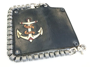 Hand Stained Long Biker Leather Chain Wallet - Hold Fast Anchor - Anvil Customs