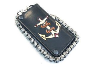 Hand Stained Long Biker Leather Chain Wallet - Hold Fast Anchor - Anvil Customs