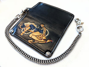 Hand Stained Long Biker Leather Chain Wallet - Pin Up Sailor - Anvil Customs