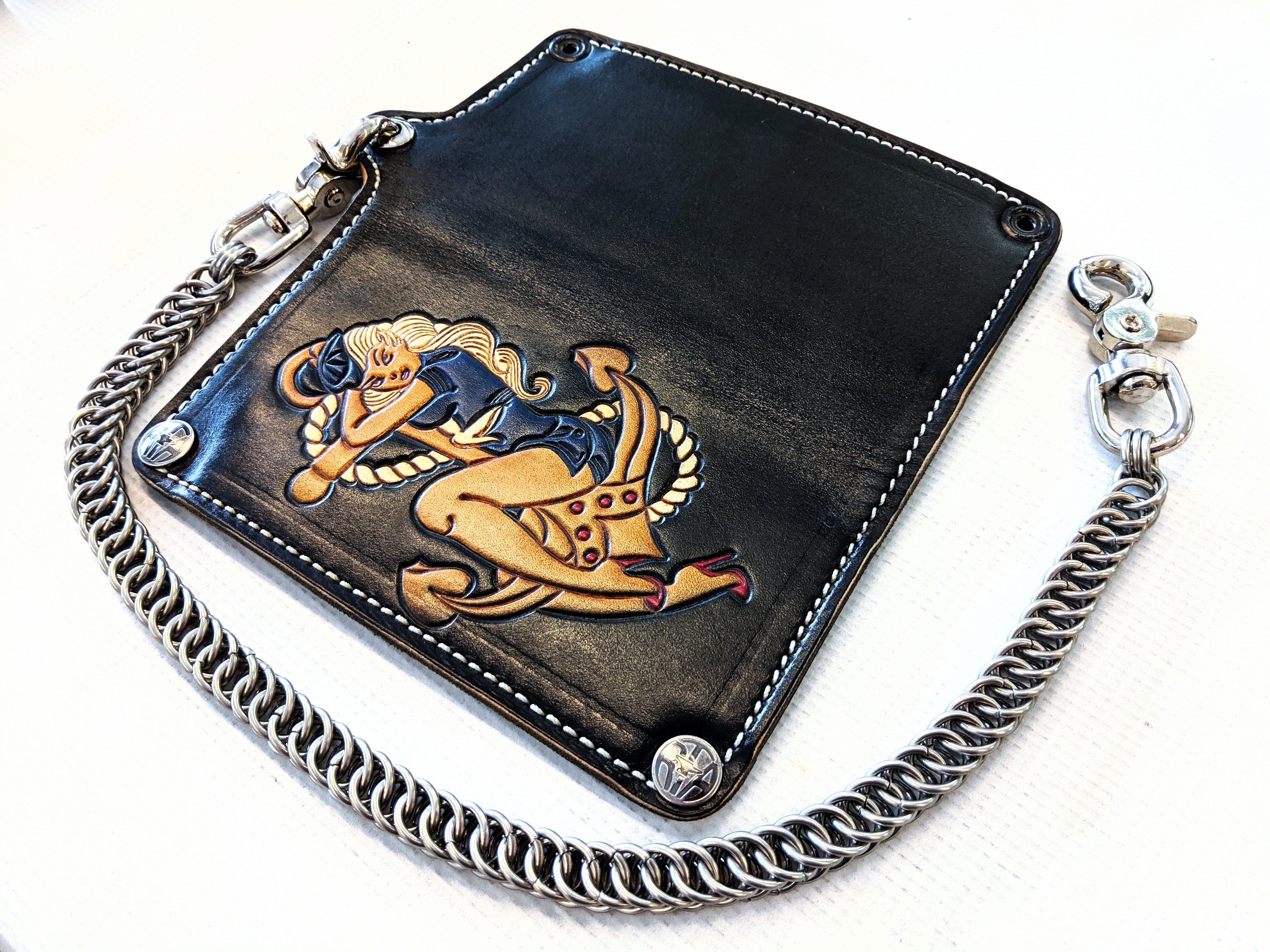 Hand Stained Long Biker Leather Chain Wallet