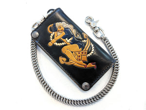 Hand Stained Long Biker Leather Chain Wallet - Pin Up Sailor - Anvil Customs