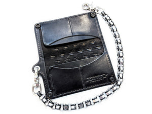 Hand Stained Long Biker Leather Chain Wallet - Skull and Rose