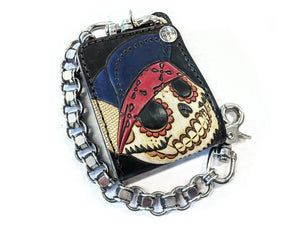 Hand Stained Mini Bifold Leather Chain Wallet - Flatbiller Skull