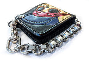 Hand Stained Mini Bifold Leather Chain Wallet - Flatbiller Skull