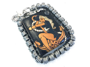 Hand Stained Mini Bifold Leather Chain Wallet - Pin Up Sailor - Anvil Customs