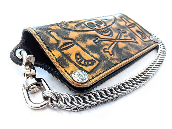 Long Biker Leather Chain Wallet - Inferno Anvils on Exterior