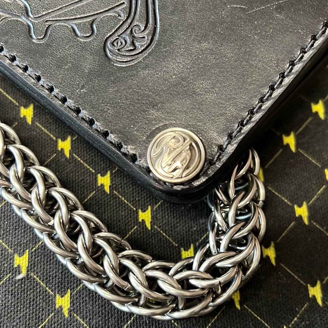 Long Biker Leather Chain Wallet - Cholo Skull - Anvil Customs