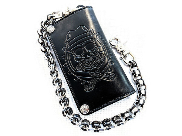 Long Biker Leather Chain Wallet - Cholo Skull - ShopperBoard