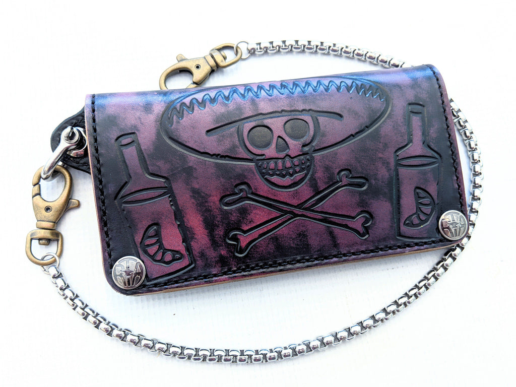 Long Biker Leather Chain Wallet - Red and Purple Sugar Skull